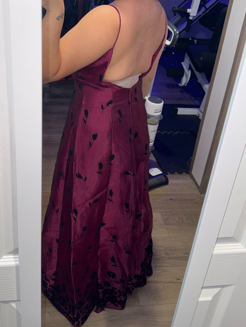 Women’s Burgundy Spaghetti-Strap Party Dress with Black Floral Details - Picture 4 of 6